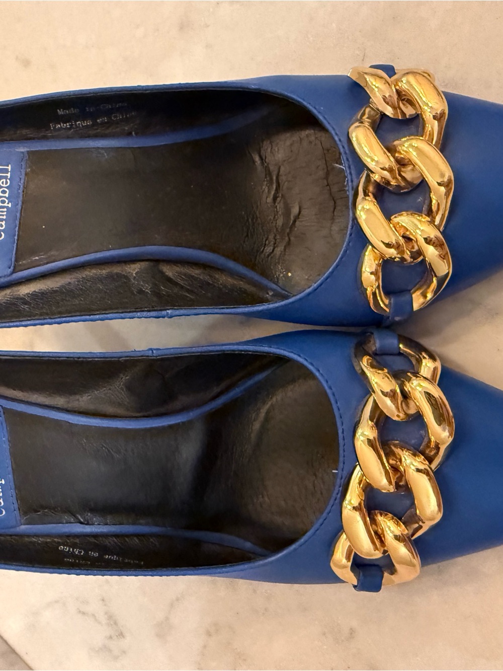 Blue Leather Chain-Trim Mule Heels